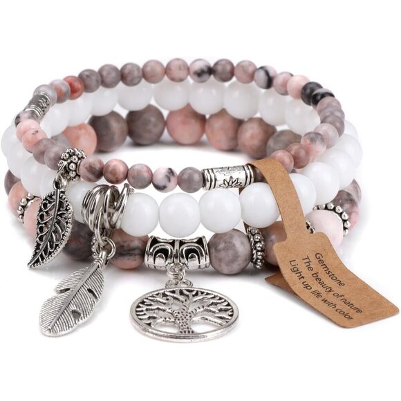 3PCS Charm-Pink Zebra Jasper Natural Stone Beaded Stretch Bracelet for Gifts - Picture 1 of 7